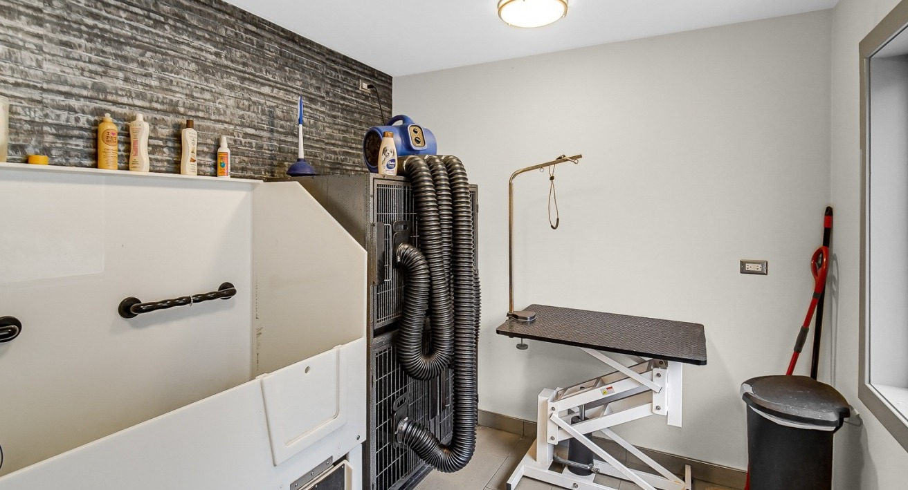 Dedicated pet grooming station with washing area and drying equipment at One Superior Place apartments in Chicago