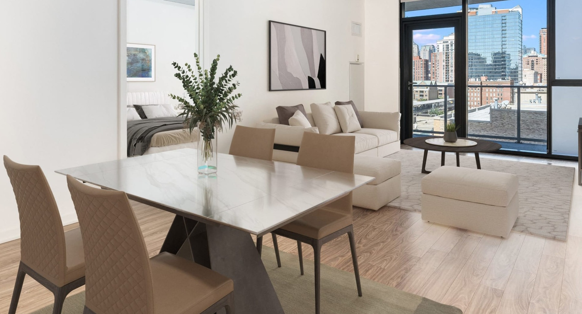 Bright living and dining space with concrete ceilings, dining table, and balcony doors framing city views at ONE333 apartments in Chicago for comfortable everyday living