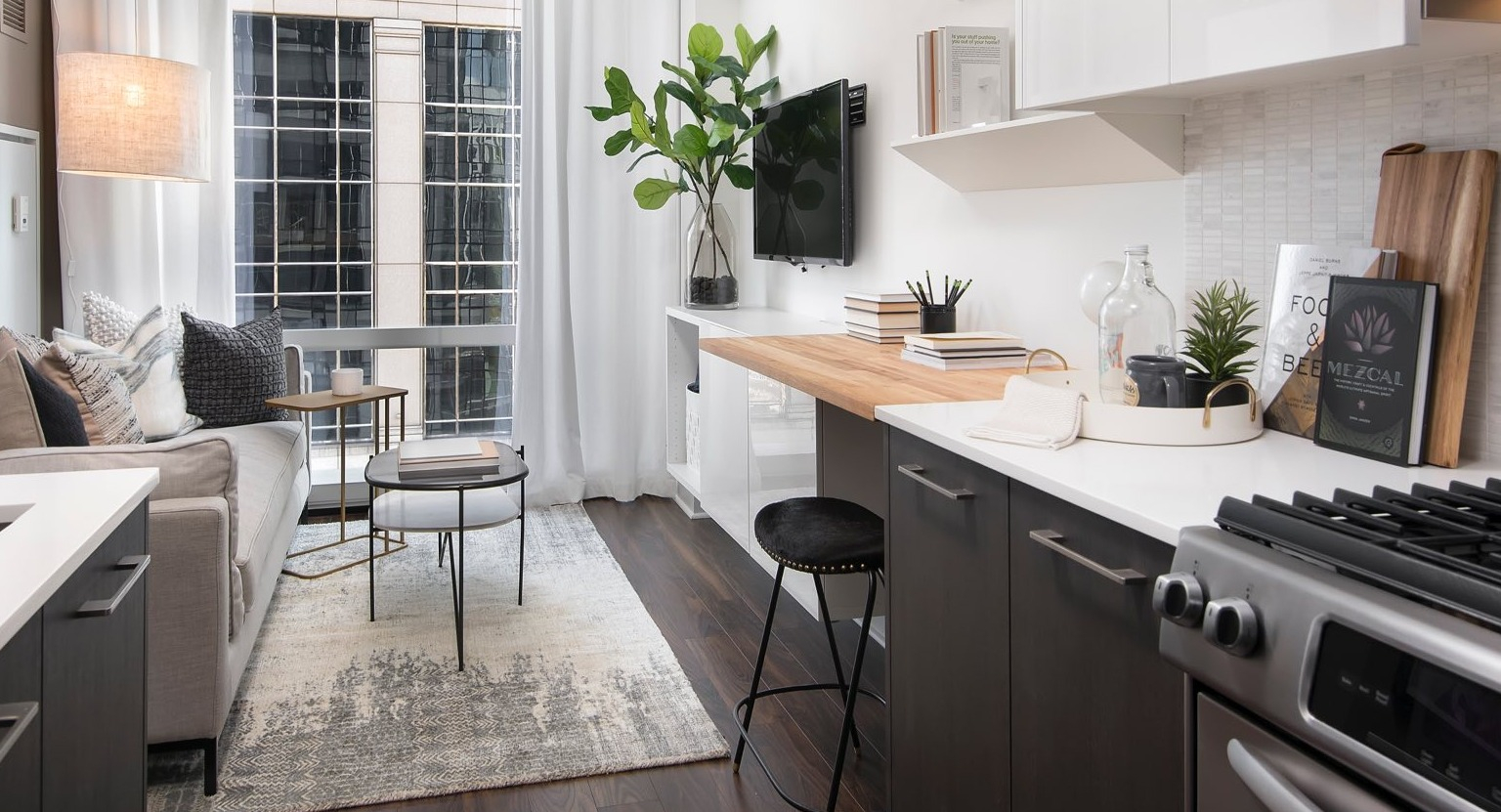 Efficient studio apartment at OneEleven in Chicago, combining a modern kitchen, comfortable living area, and a dedicated workspace