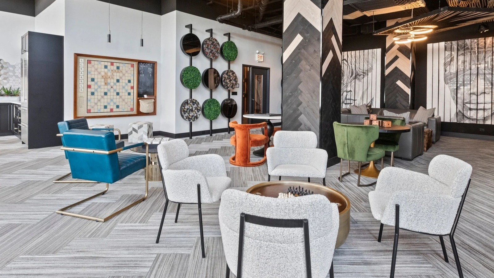 Expansive resident lounge at Park Michigan in Chicago, featuring various seating areas, board games, and an engaging atmosphere