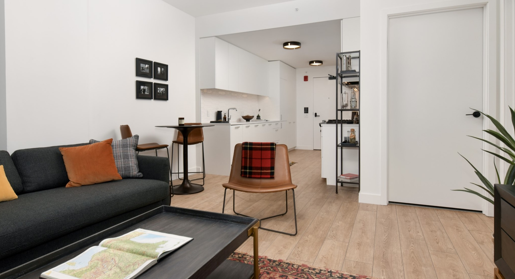 Open-concept view of the kitchen and living room at Porte Apartments Chicago, showcasing modern design and a seamless flow