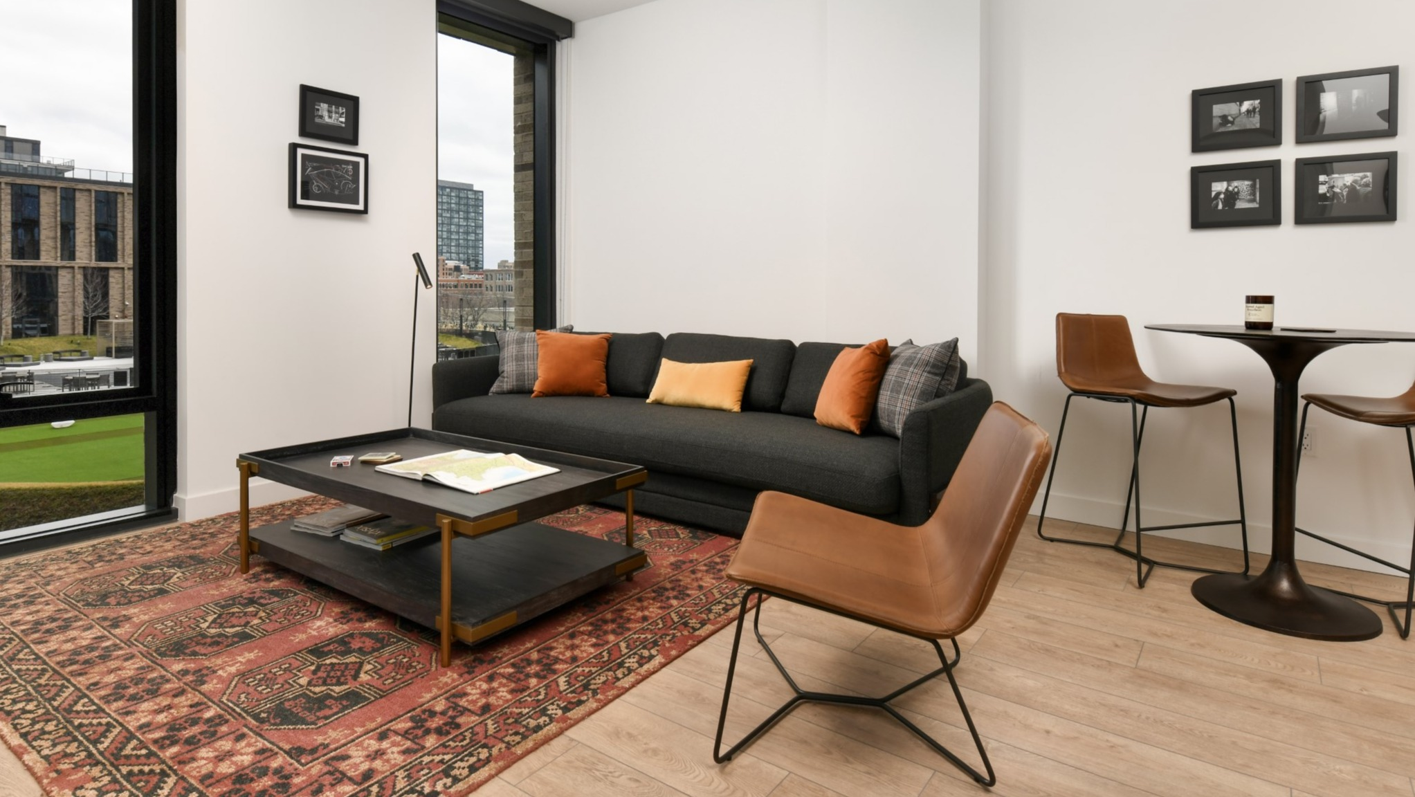 Stylish apartment living room at Porte Apartments Chicago, featuring a comfortable sofa, accent chair, and a vibrant area rug with large windows