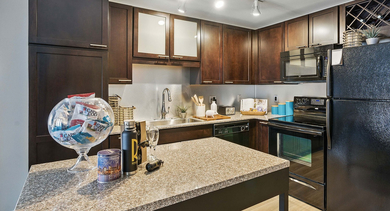 Modern apartment kitchen at Randolph Tower City Apartments in Chicago, featuring dark cabinetry, stainless steel appliances, and a kitchen island
