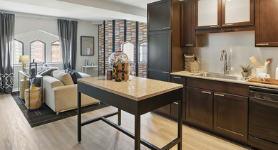 Open-concept kitchen and living area at Randolph Tower City Apartments in Chicago, featuring dark wood cabinets and modern furniture