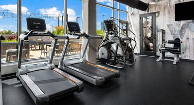 State-of-the-art gym at Reside on Green Street in Chicago, featuring a variety of cardio machines and inspiring outdoor views
