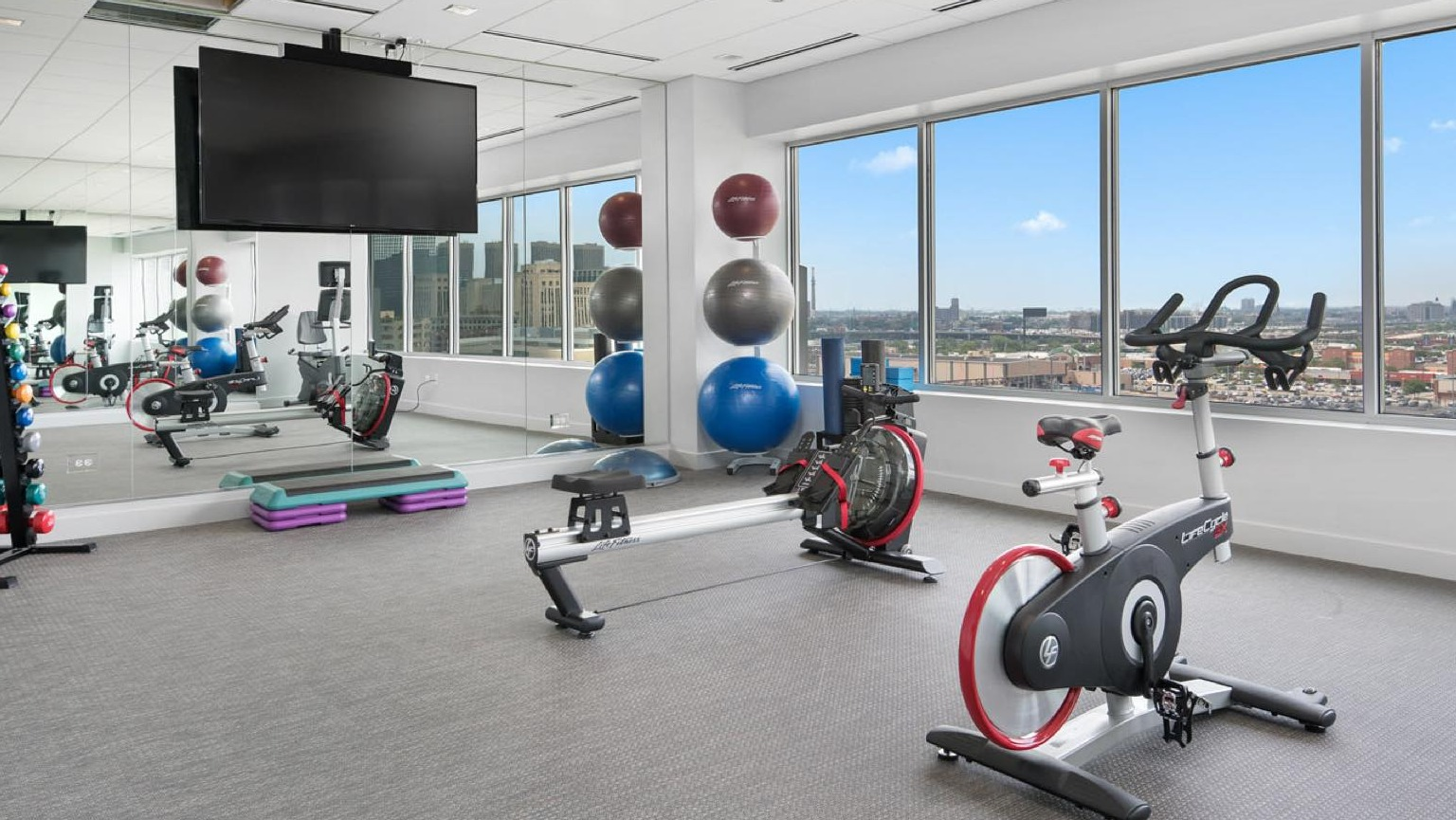 Bright fitness studio with various cardio machines, exercise balls, and large windows overlooking the city at Roosevelt Collection Lofts