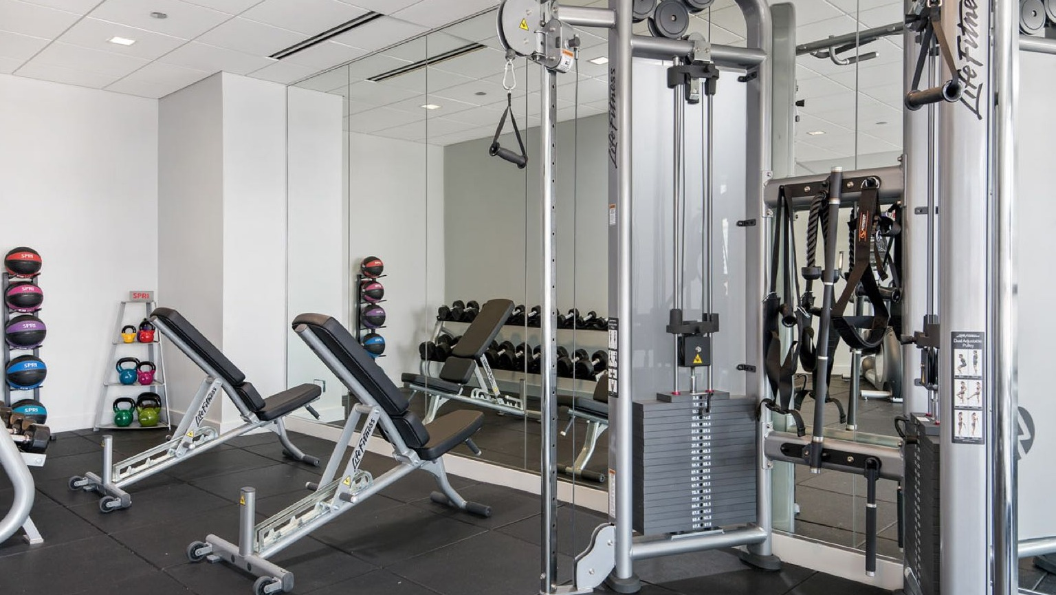 Fully equipped gym with weight machines, free weights, and benches, offering ample space for strength training at Roosevelt Collection Lofts