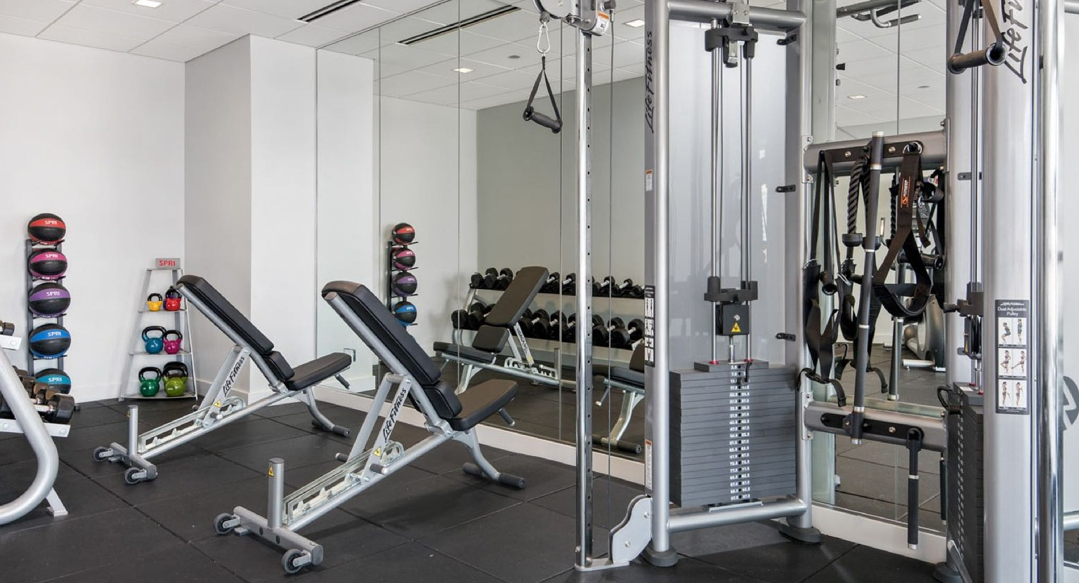 Fully equipped gym with weight machines, free weights, and benches, offering ample space for strength training at Roosevelt Collection Lofts
