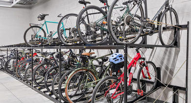 Secure indoor bike storage at Sage West Loop Apartments in Chicago, offering organized racks for multiple bicycles
