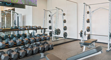 Well-equipped gym at Sage West Loop Apartments in Chicago, featuring a wide selection of free weights and strength training machines