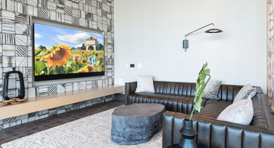 Comfortable media room at Sage West Loop Apartments in Chicago, featuring a large screen TV, plush seating, and modern wall decor