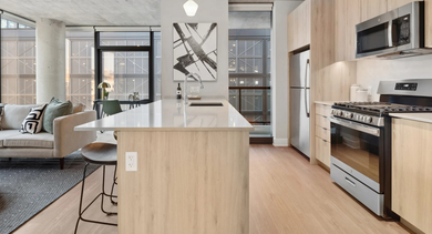 Chic apartment kitchen and living space at Sage West Loop Apartments in Chicago, featuring light wood cabinetry, an island, and a comfortable lounge