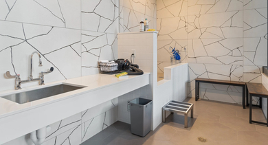 Dedicated pet wash station at Sage West Loop Apartments in Chicago, featuring a large sink, grooming area, and contemporary tile