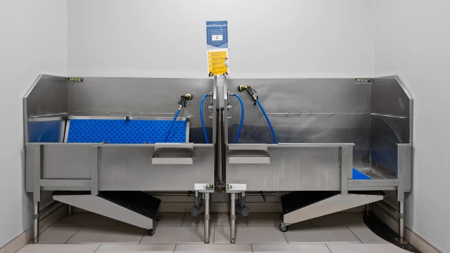 Convenient pet wash station with dual stainless steel tubs and hoses at Shoreham and Tides apartments in Chicago