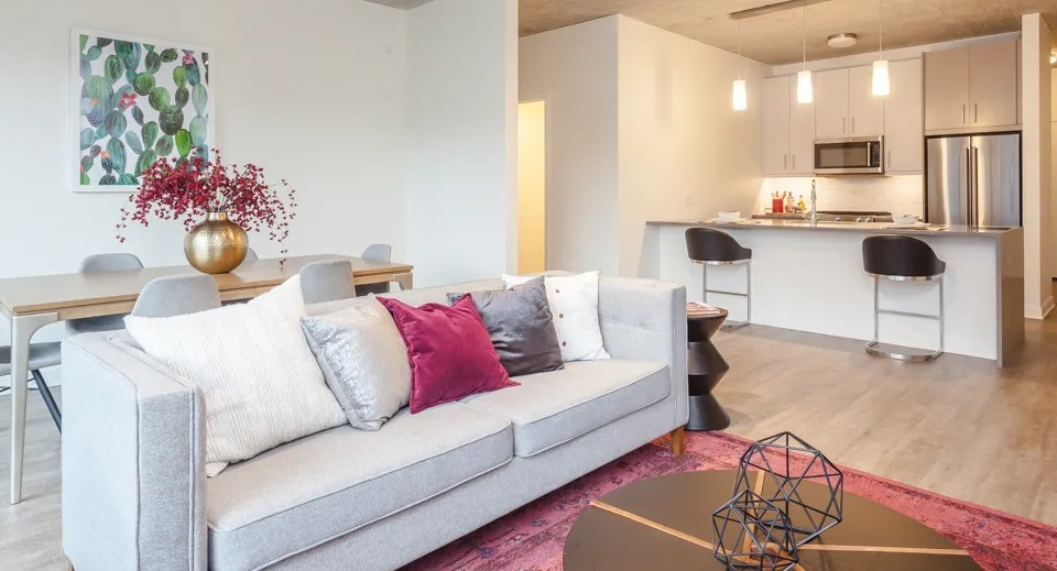 Vibrant open-concept apartment at Sienna in Chicago, featuring a cozy sofa, dining area, and modern kitchen with an island