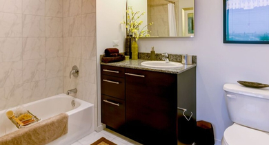 Classic bathroom with a dark wood vanity, white sink, bathtub with shower, and framed artwork at SoNo East Apartments in Chicago