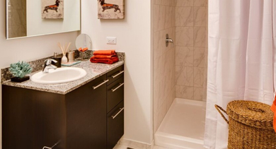 Modern bathroom with a dark vanity, granite countertop, and a spacious walk-in shower at SoNo East Apartments in Chicago