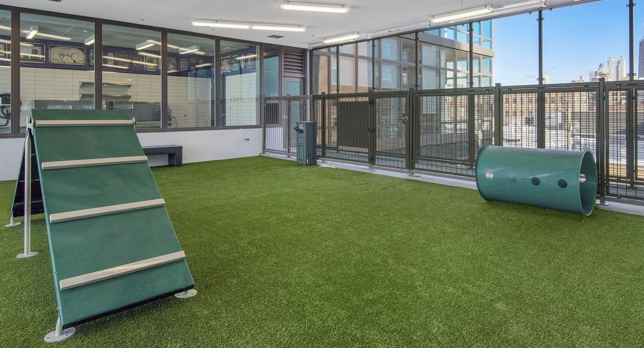 An indoor dog park and run at Spoke Apartments in Chicago, featuring agility equipment and city views