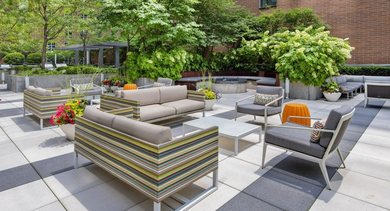 Lush courtyard at State & Chestnut in Chicago, featuring comfortable outdoor seating, a modern fire pit, and vibrant greenery