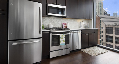 Modern apartment kitchen at State & Chestnut in Chicago, featuring stainless steel appliances, dark wood cabinets, and large windows with city views