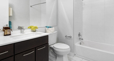 Modern apartment bathroom at State & Chestnut in Chicago, featuring a stylish vanity, large mirror, and a bathtub with shower