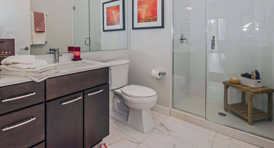 Contemporary bathroom at State & Chestnut in Chicago, featuring a dark wood vanity, modern sink, and a glass-enclosed walk-in shower