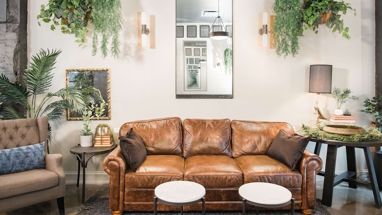 Stylish resident lounge at The Alfred Apartments in Chicago, featuring a leather sofa, hanging plants, and elegant decor