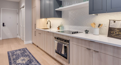 Inviting entryway leading to a modern kitchen with grey and wood cabinets, stainless steel appliances, and a stylish runner rug at The Clark Apartments in Chicago