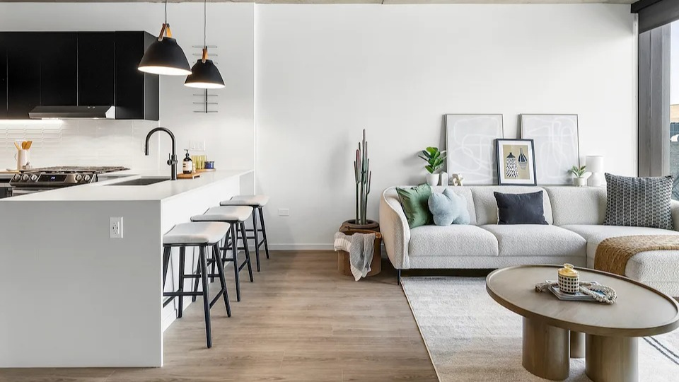 Open-concept kitchen and living area at The Elizabeth Chicago, featuring a white island, dark cabinetry, and a comfortable sofa