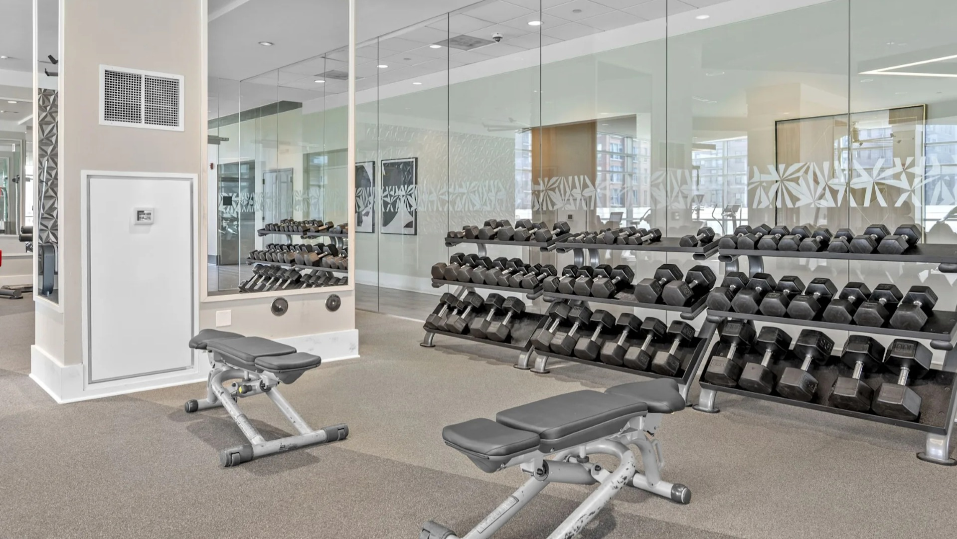 Dedicated strength training gym equipped with various free weights, benches, and machines in a modern, spacious setting at The Elle in Chicago