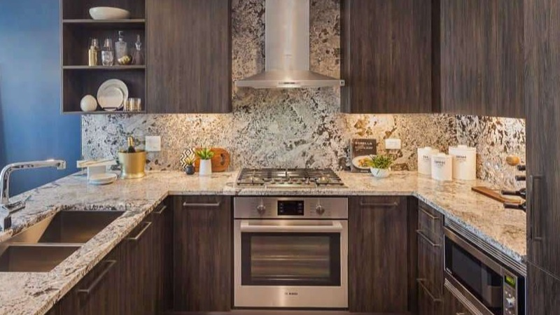 Gourmet kitchen at The Hudson in Chicago, featuring premium stainless steel appliances, granite countertops, and dark wood cabinetry