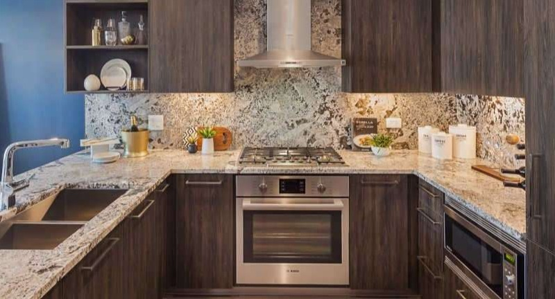 Gourmet kitchen at The Hudson in Chicago, featuring premium stainless steel appliances, granite countertops, and dark wood cabinetry