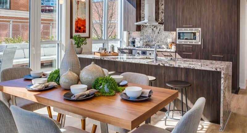 Luxurious open-plan kitchen and dining area at The Hudson in Chicago, featuring dark wood cabinetry, a large island, and city views