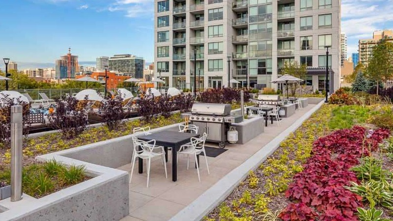 Beautiful rooftop grilling and garden area at The Hudson in Chicago, featuring BBQ stations, dining tables, and landscaped greenery