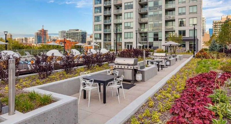 Beautiful rooftop grilling and garden area at The Hudson in Chicago, featuring BBQ stations, dining tables, and landscaped greenery