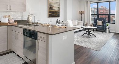 An inviting open-concept apartment featuring a modern kitchen island, stainless steel appliances, and a connected living area at The Madison at Racine
