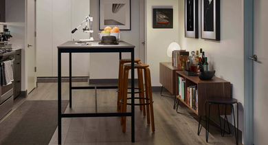 A contemporary apartment kitchen with dark cabinetry, stainless steel appliances, a standing dining bar, and modern decor at The Mason in Chicago