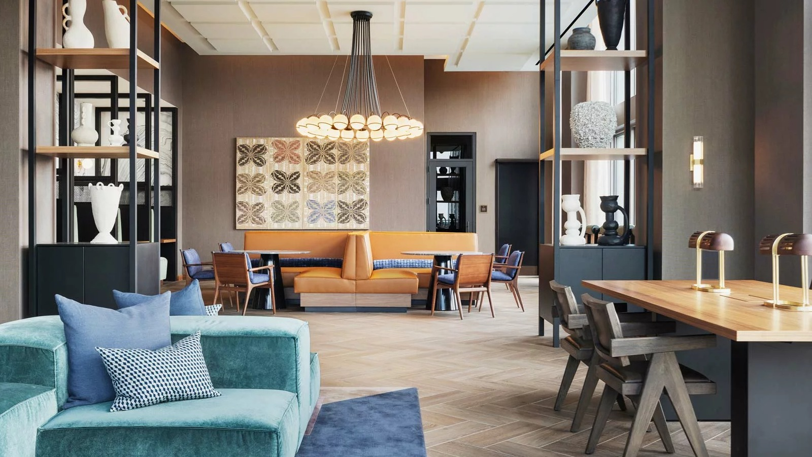 Elegant resident lounge at The Row Fulton Market in Chicago, featuring stylish seating areas, communal tables, and sophisticated decor