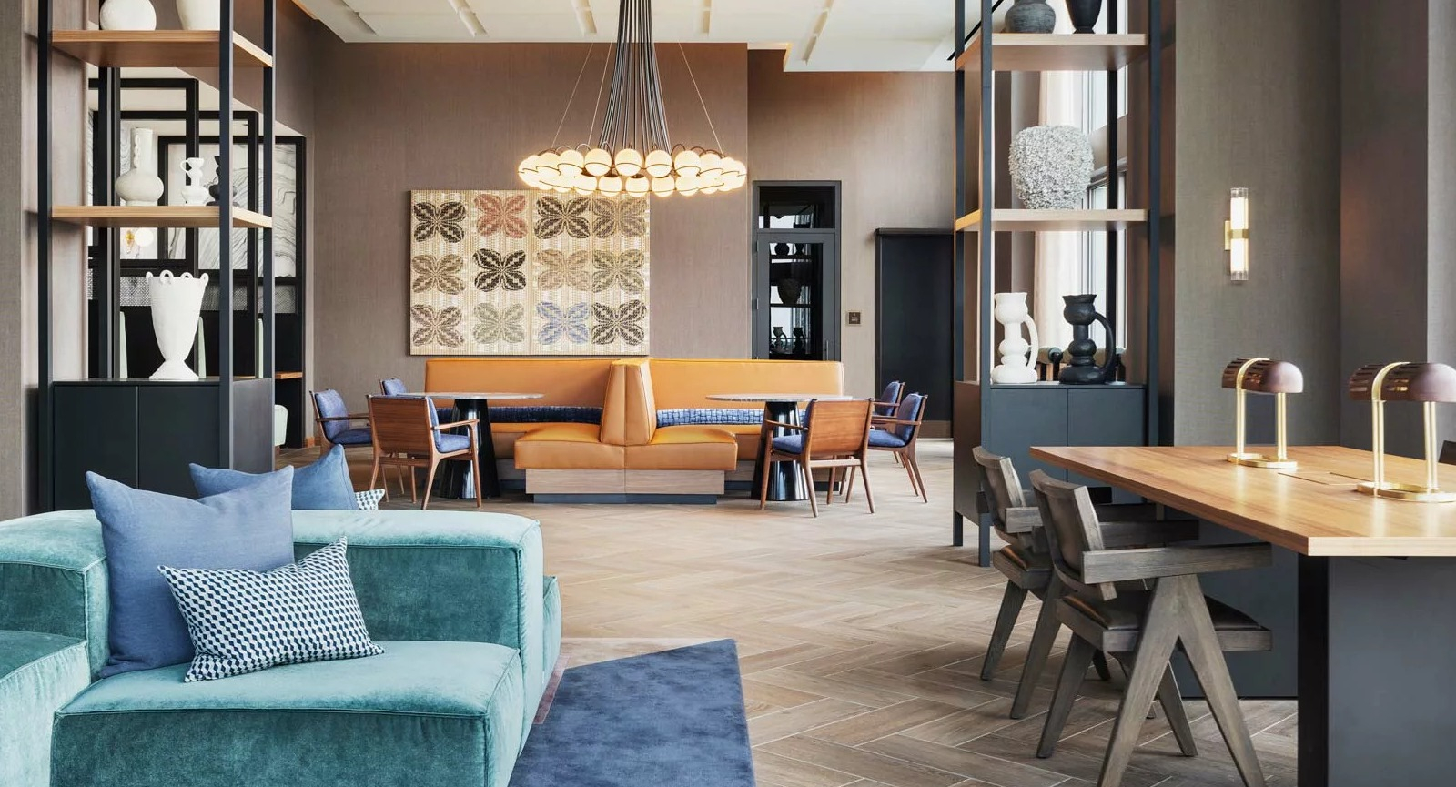 Elegant resident lounge at The Row Fulton Market in Chicago, featuring stylish seating areas, communal tables, and sophisticated decor