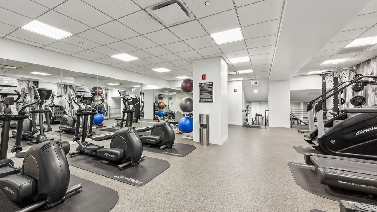 Comprehensive gym at The Seneca Apartments in Chicago, featuring a variety of cardio machines, strength equipment, and fitness balls