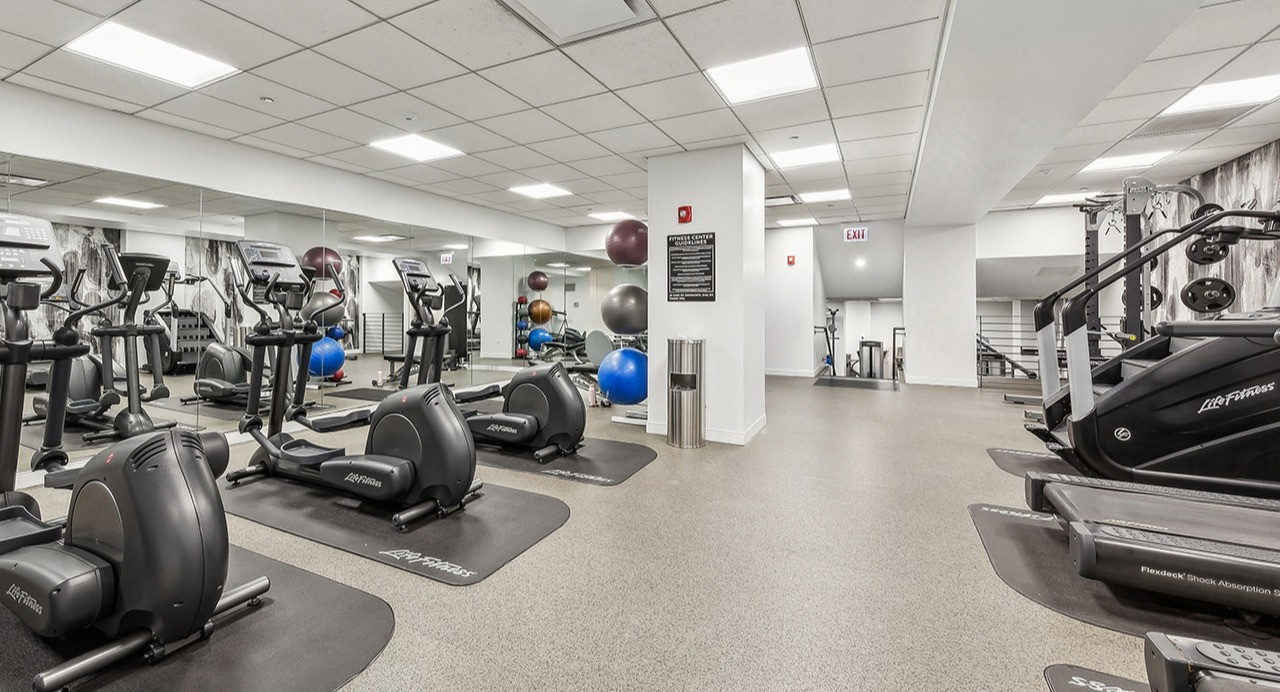 Comprehensive gym at The Seneca Apartments in Chicago, featuring a variety of cardio machines, strength equipment, and fitness balls