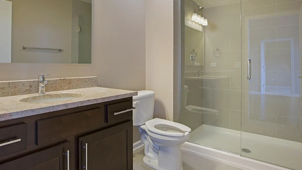 Modern bathroom at The Shelby in Chicago, featuring a spacious walk-in shower with glass enclosure and a stylish vanity