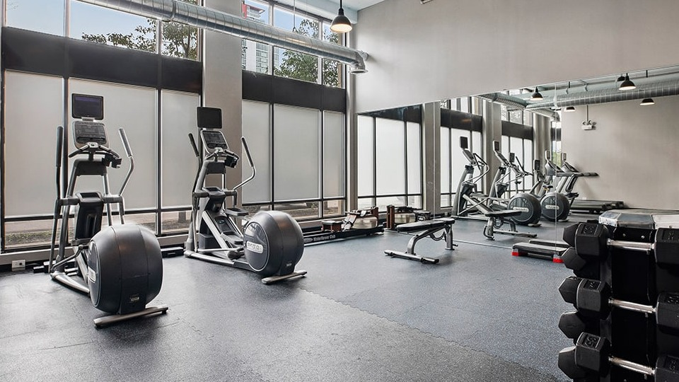 Bright cardio gym at The Shelby in Chicago, featuring ellipticals, treadmills, and large mirrors with city views