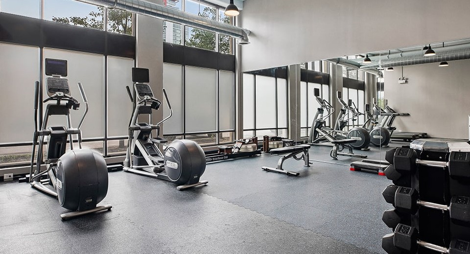 Bright cardio gym at The Shelby in Chicago, featuring ellipticals, treadmills, and large mirrors with city views