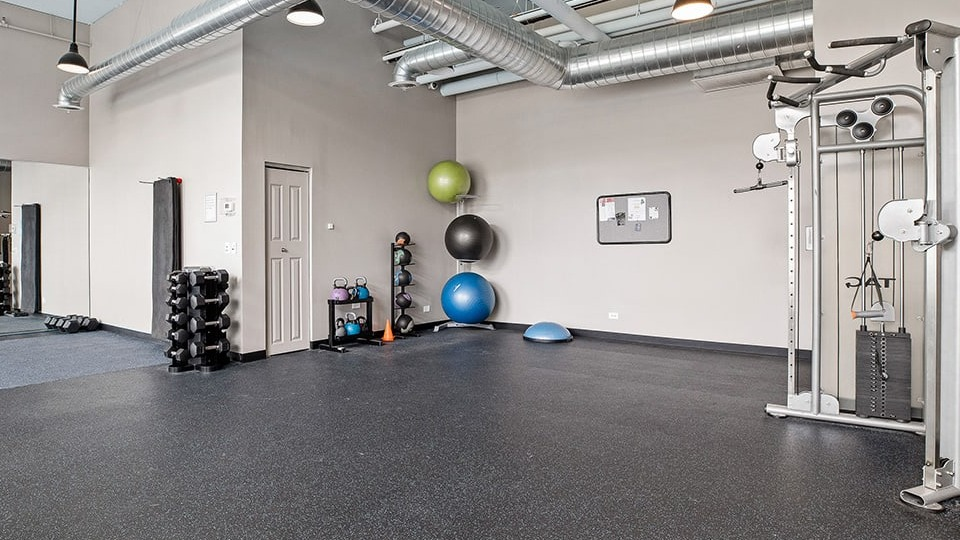 Well-equipped gym at The Shelby in Chicago, featuring a cable machine, free weights, and ample space for various workouts