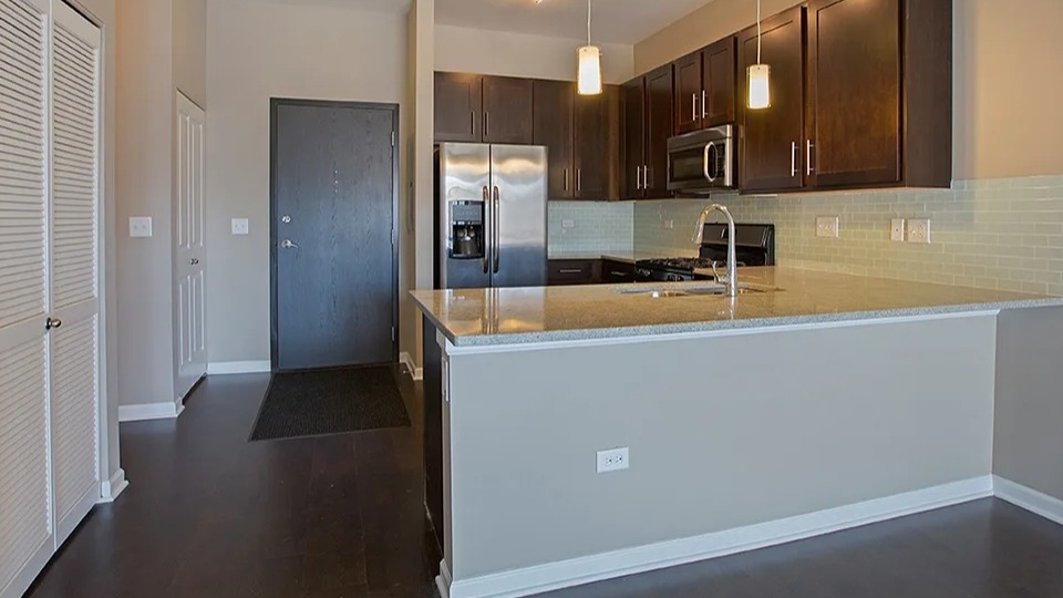 Modern apartment kitchen at The Shelby in Chicago, featuring dark wood cabinets, stainless steel appliances, and sleek hardwood floors