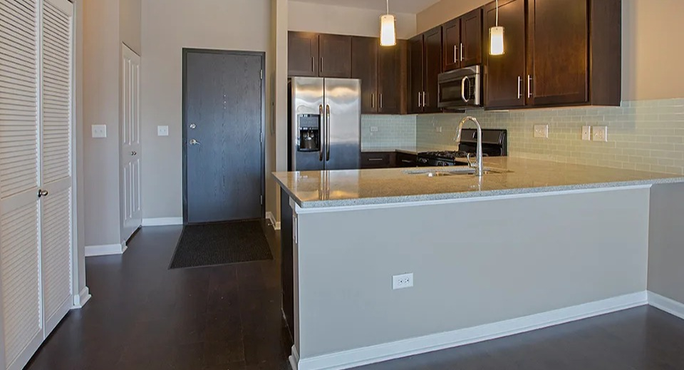 Modern apartment kitchen at The Shelby in Chicago, featuring dark wood cabinets, stainless steel appliances, and sleek hardwood floors