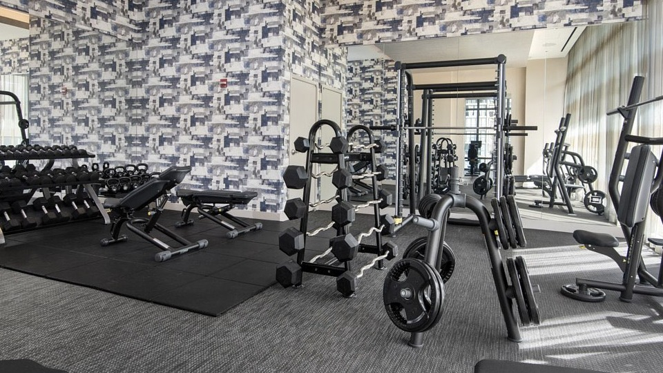 A comprehensive gym and fitness center equipped with various weight machines, free weights, and modern design at The Sinclair in Chicago