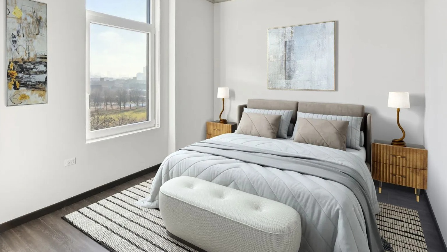 A chic bedroom with a comfortable bed, modern decor, and a large window offering city views at The Thompson at Fulton Market in Chicago
