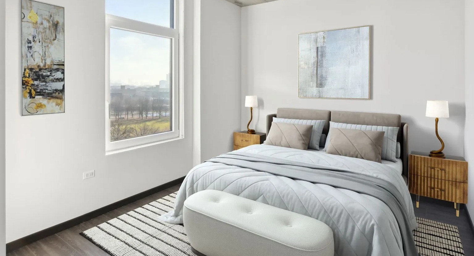 A chic bedroom with a comfortable bed, modern decor, and a large window offering city views at The Thompson at Fulton Market in Chicago